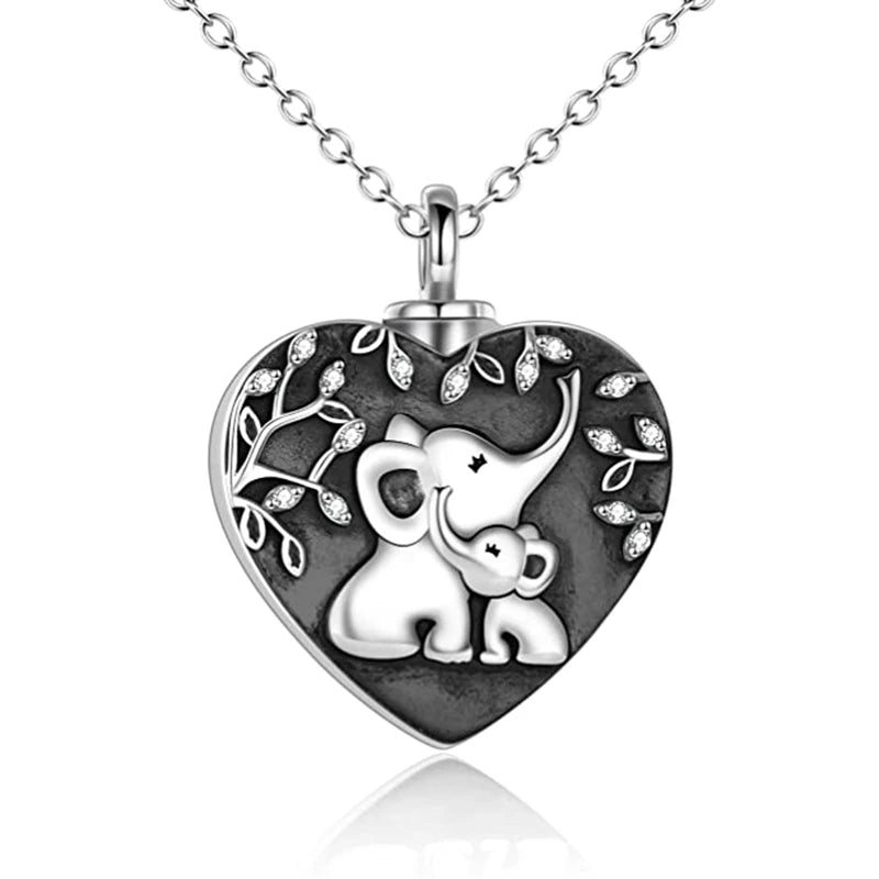 Elephants in a Heart Urn Necklace Stainless Steel