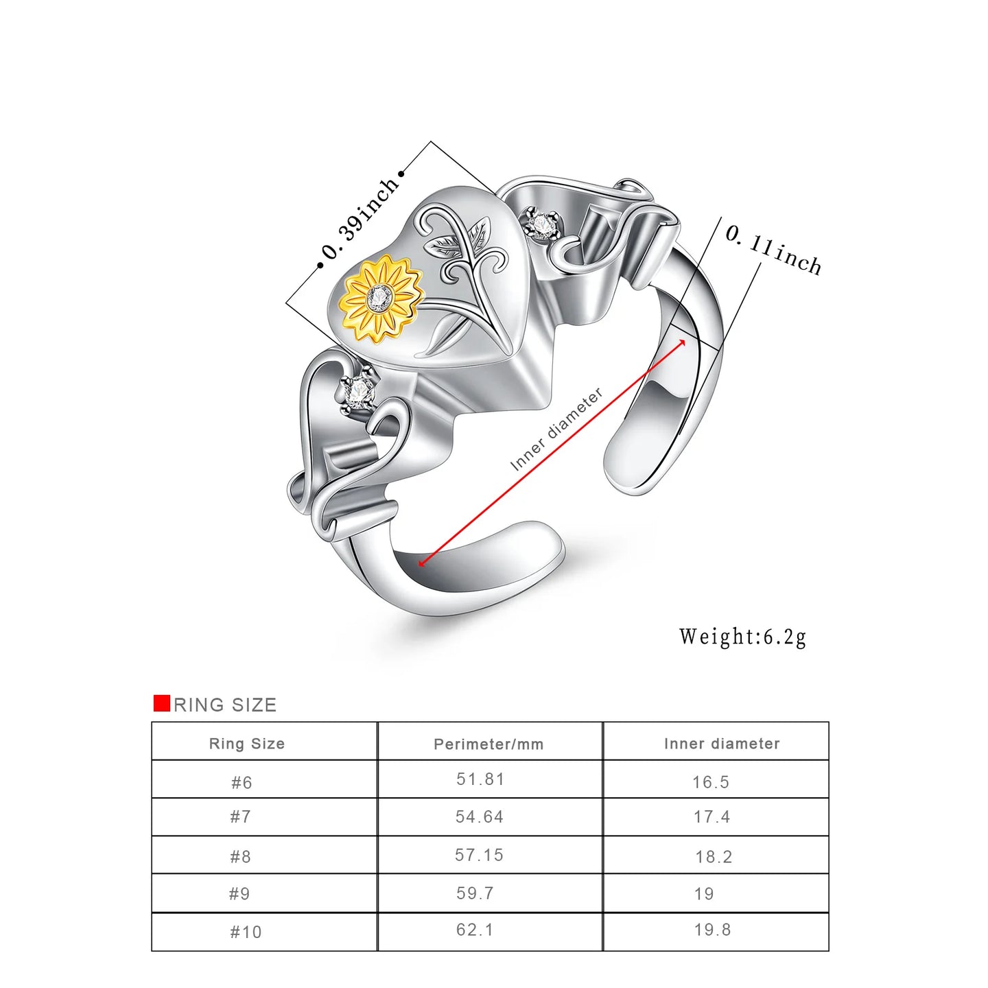 Sunflower Heart Cremation Urn Ring for Ashes Stainless Steel