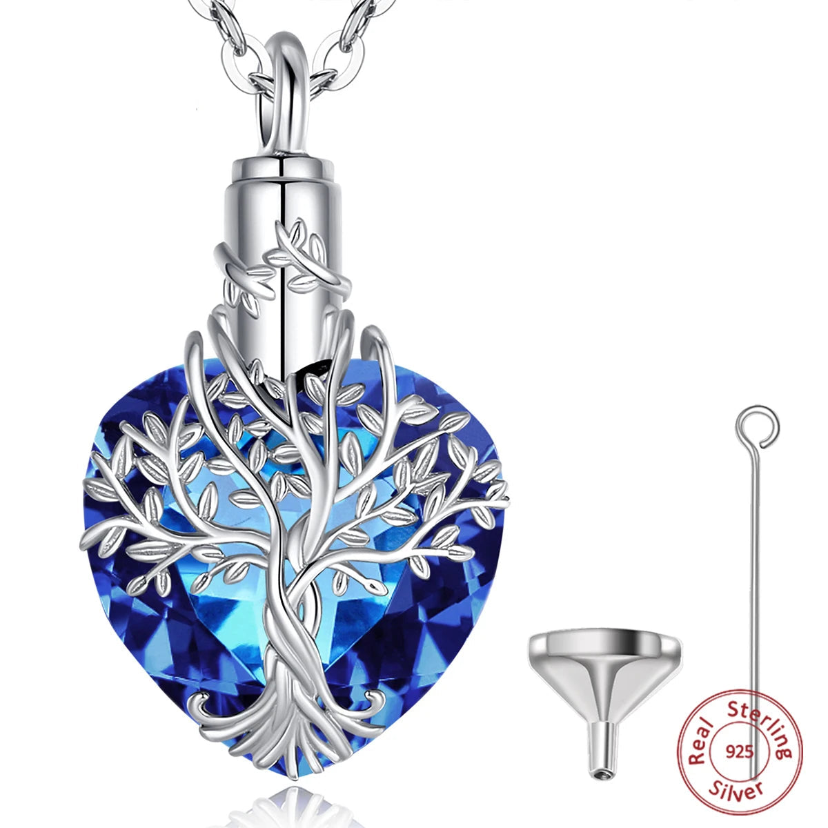 Sterling Silver Tree of Life Blue Austrian Crystal Urn Necklace