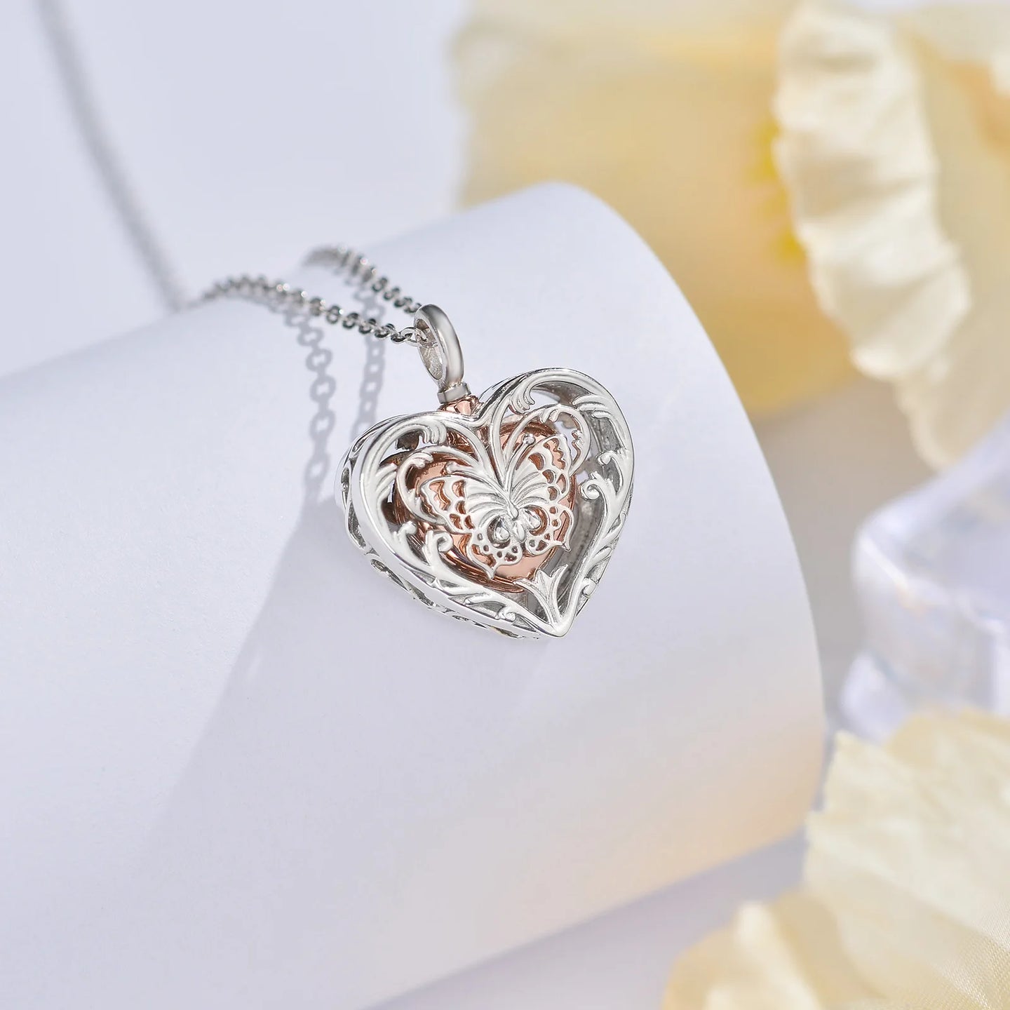 Sterling Silver Rose Butterfly Ashes Locket Urn Necklace