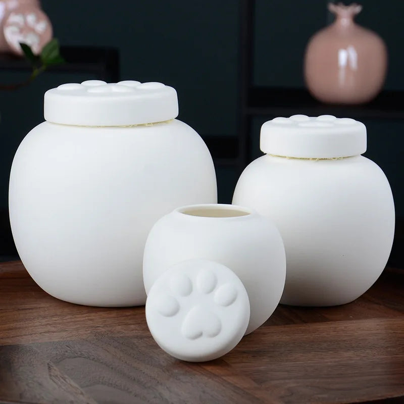 White Ceramic Paw Cat or Dog Ashes Urn