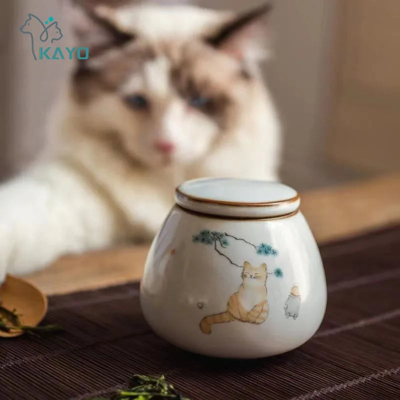 Glazed Hand Painted Ceramic Cat Urn
