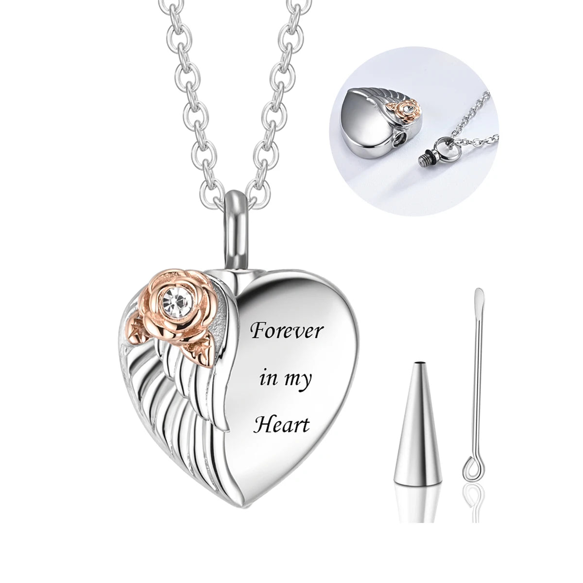 Cremation Jewelry Angel Wing With Rose Heart