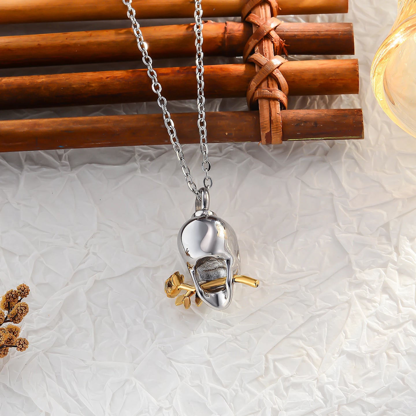 Ashes Keepsake Skull with Rose Urn Necklace Stainless Steel Cremation Jewelry