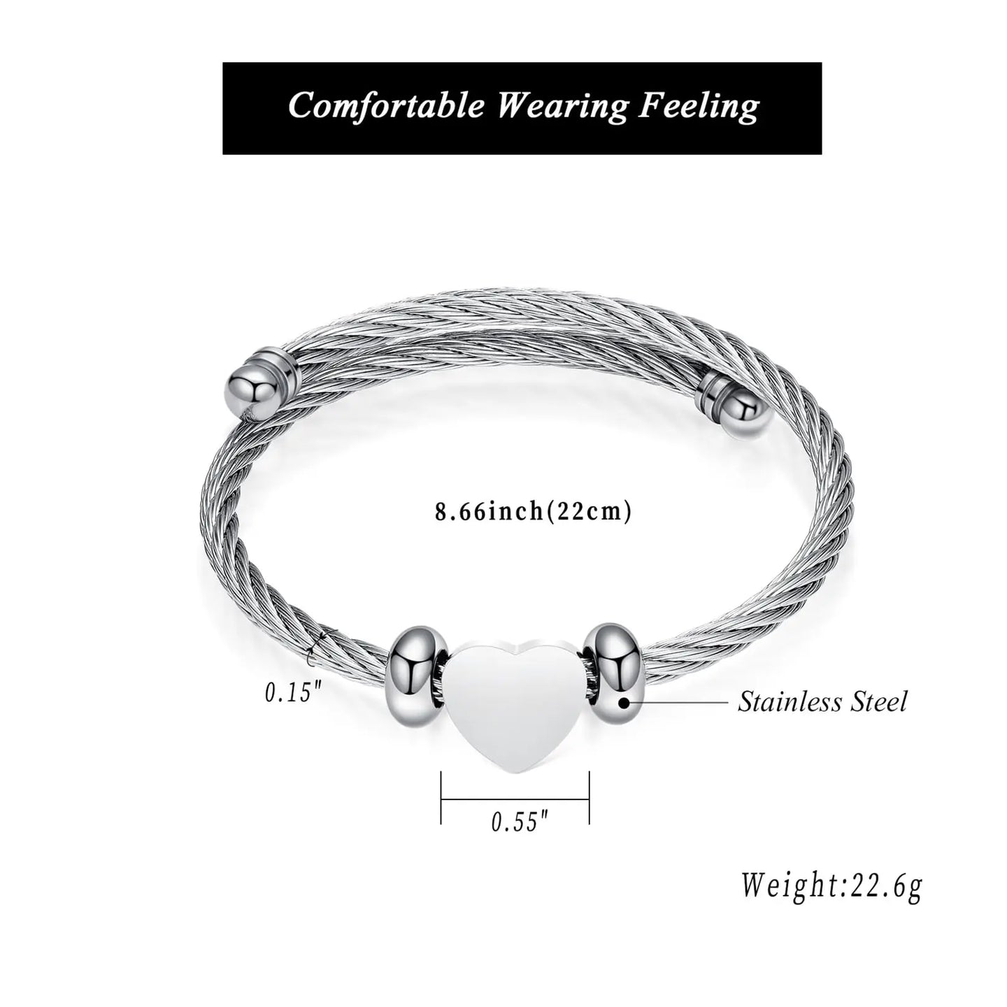 Heart Charm Cremation Bracelet For Ashes Stainless Steel