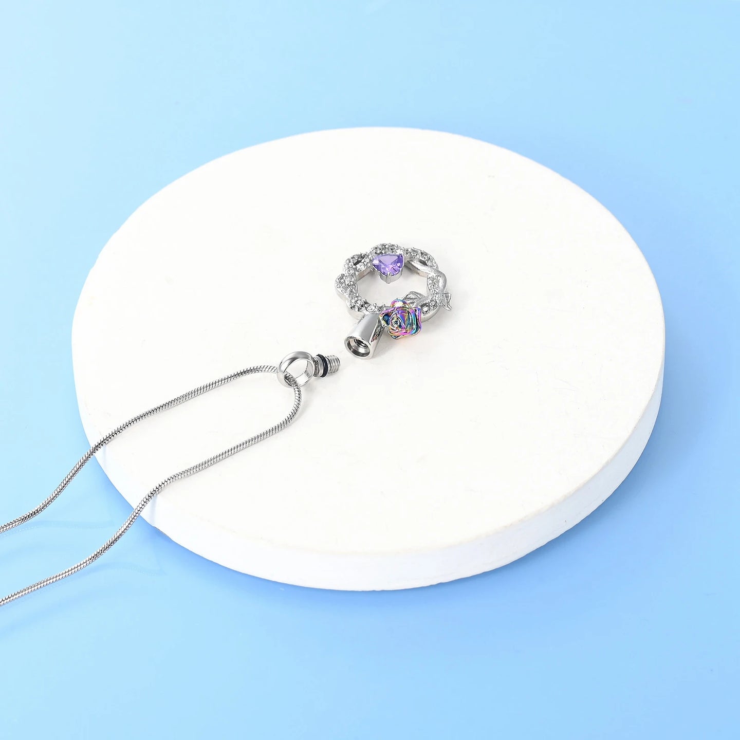 Ashes Keepsake Rose In a Circle Urn Necklace Stainless Steel Cremation Jewelry