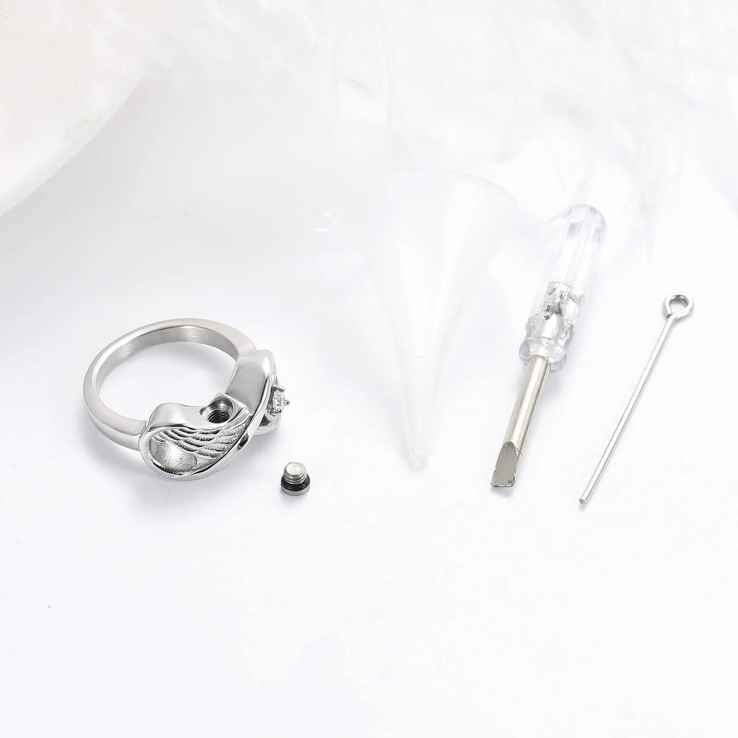 Heart And Wing Crystal Urn Ring Stainless Steel