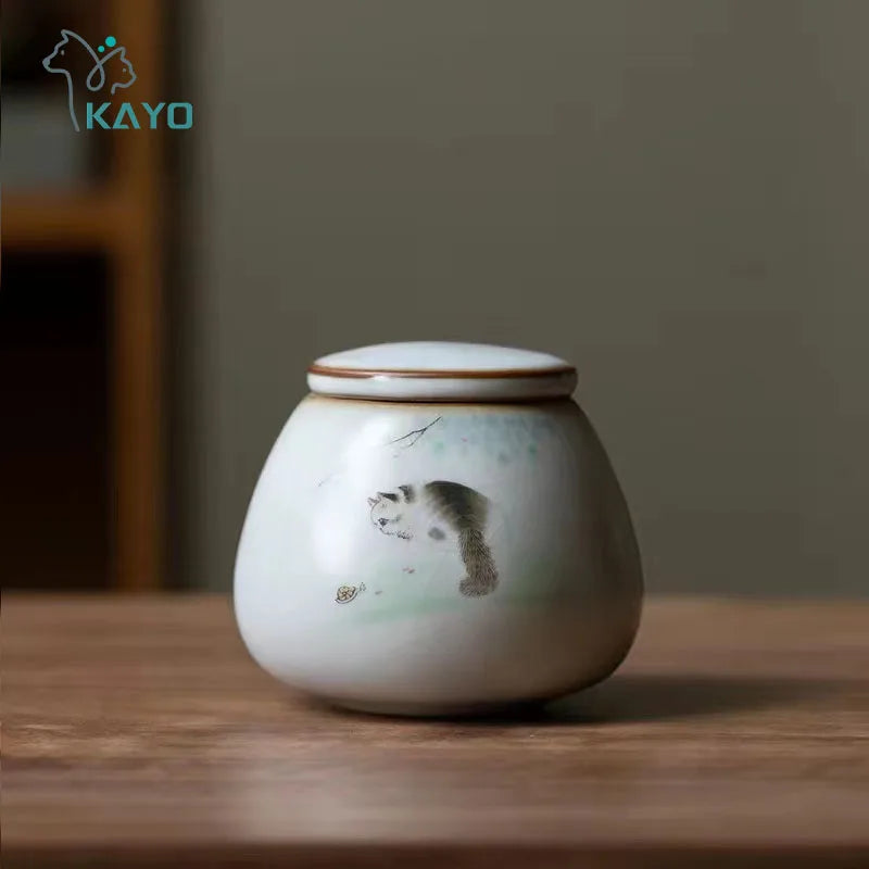 Glazed Hand Painted Ceramic Cat Urn