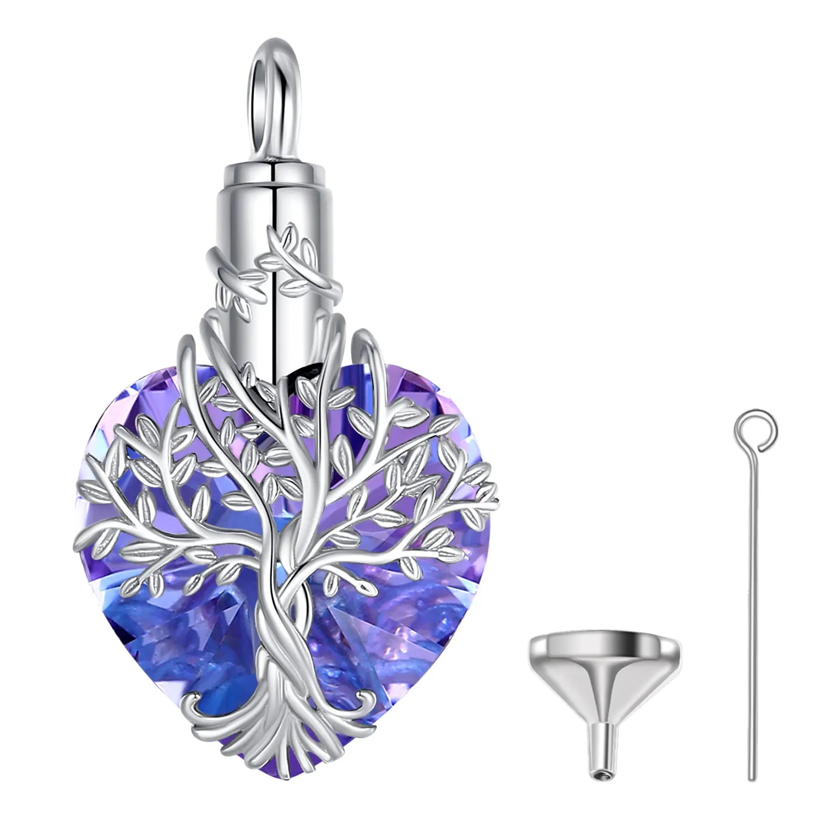 925 Sterling Silver Tree of Life Ashes Urn Pendant Necklace With Purple Austrian Crystal