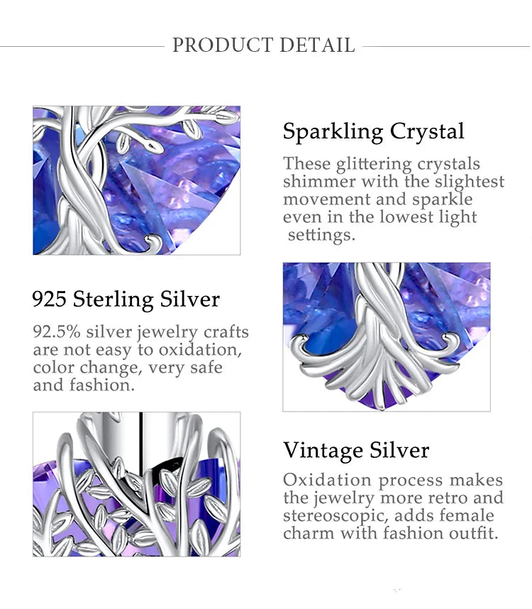 925 Sterling Silver Tree of Life Ashes Urn Pendant Necklace With Purple Austrian Crystal