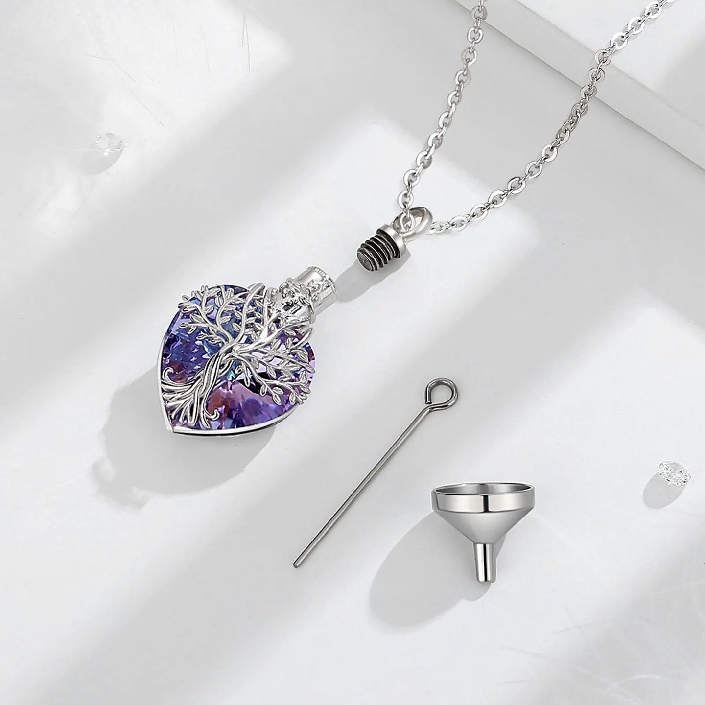 925 Sterling Silver Tree of Life Ashes Urn Pendant Necklace With Purple Austrian Crystal