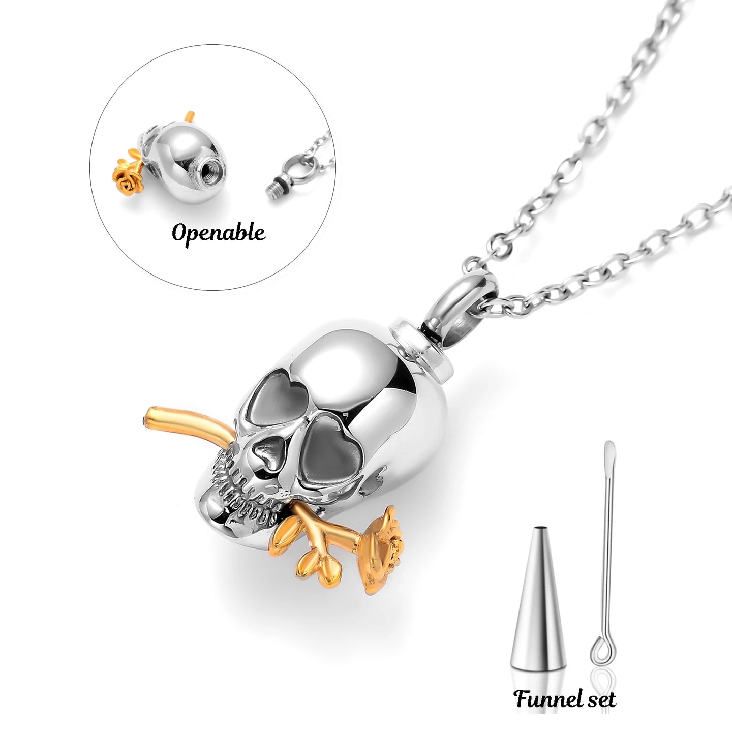 Ashes Keepsake Skull with Rose Urn Necklace Stainless Steel Cremation Jewelry
