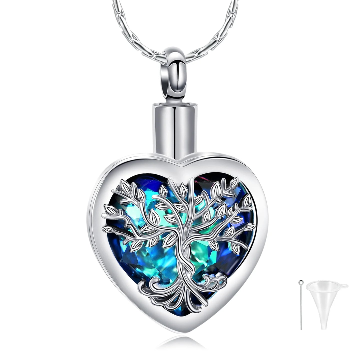 Crystal Tree of Life Heart Cremation Urn Necklace For Ashes
