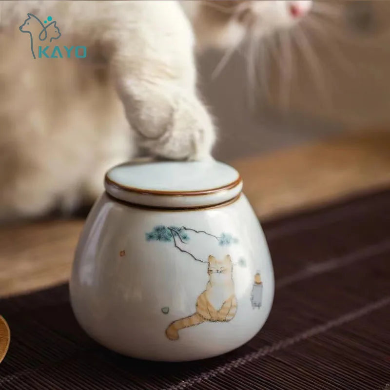 Glazed Hand Painted Ceramic Cat Urn