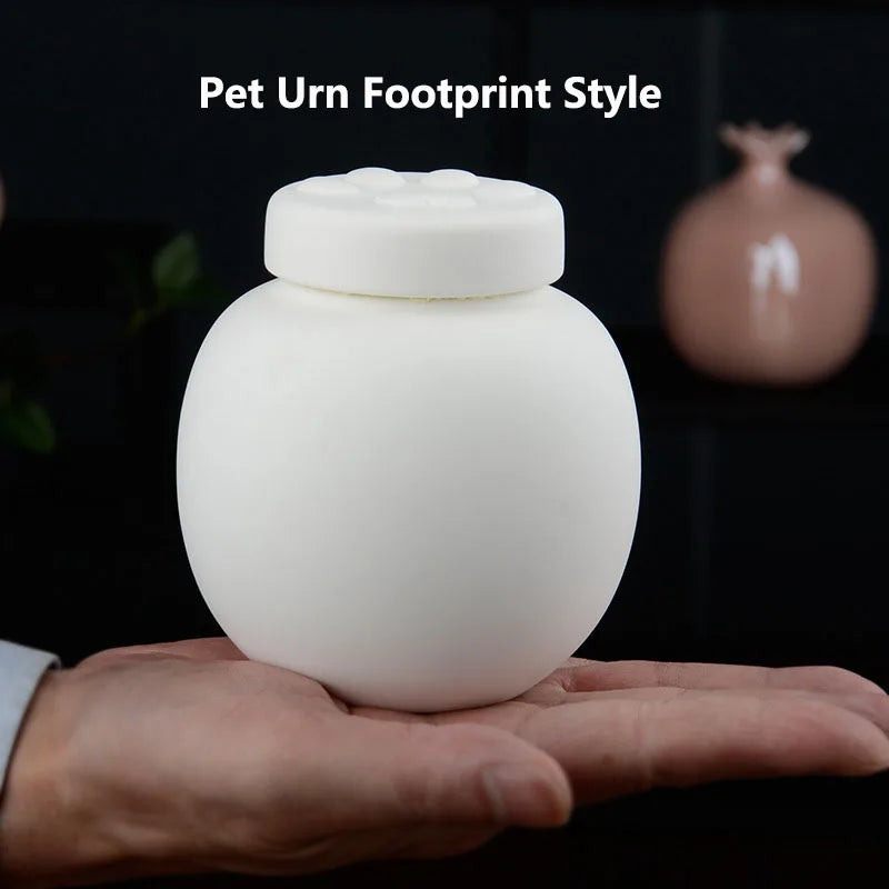 White Ceramic Paw Cat or Dog Ashes Urn