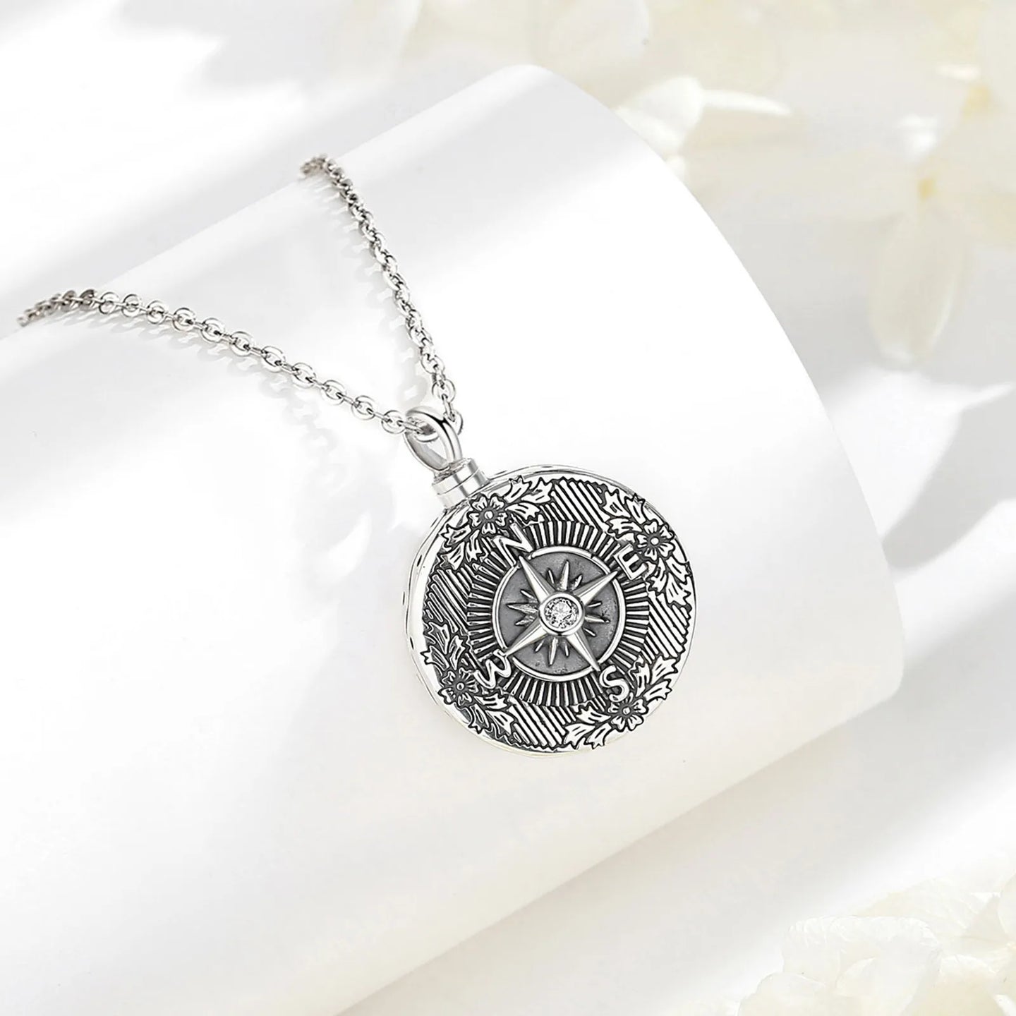 Sterling Silver Compass Ashes Urn Pendant