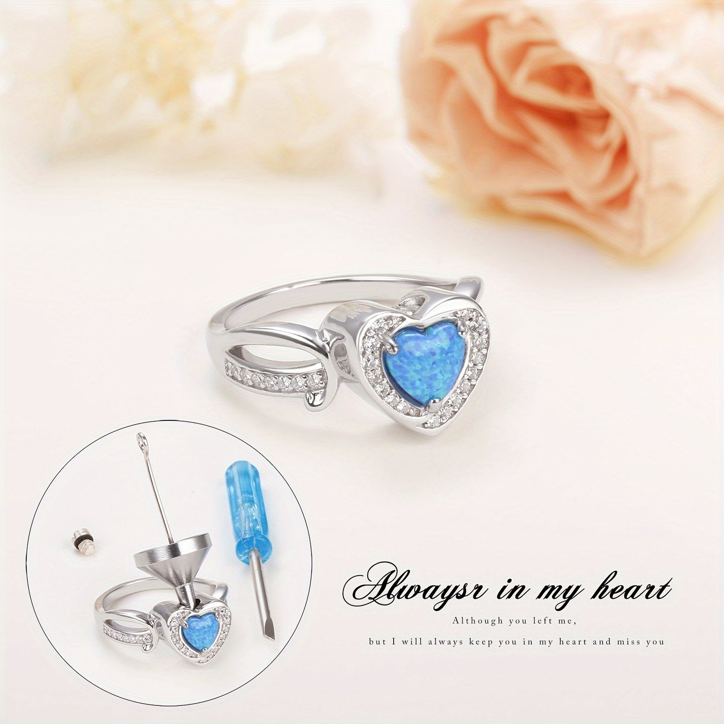 Ashes Keepsake Sterling Silver Opal Heart Urn Ring for Ashes