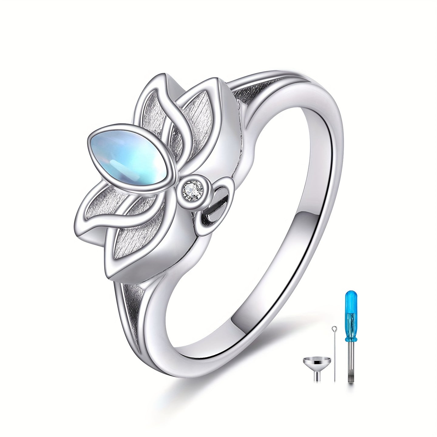 Ashes Keepsake 925 Sterling Silver Lotus Urn Ring For Ashes Moonstone Flower Cremation Jewelry For Women