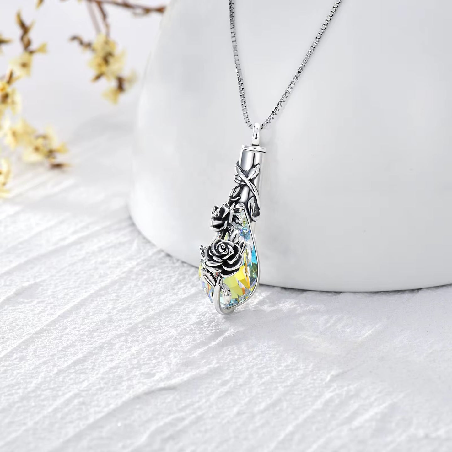 Ashes Keepsake 925 Silver Teardrop Rose Urn Necklace With Zirconia / Cremation Jewelry For Remembrance