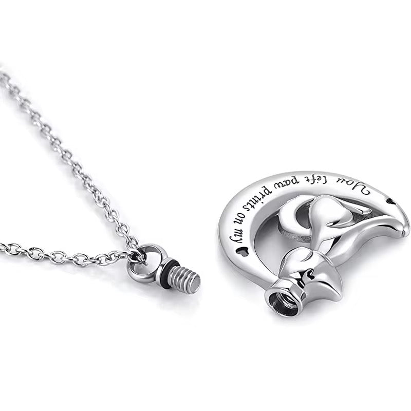 Ashes Keepsake You Left Paw Prints On My Heart Moon Urn Necklace For Dog Ashes, Stainless Steel Pet Cremation Jewelry