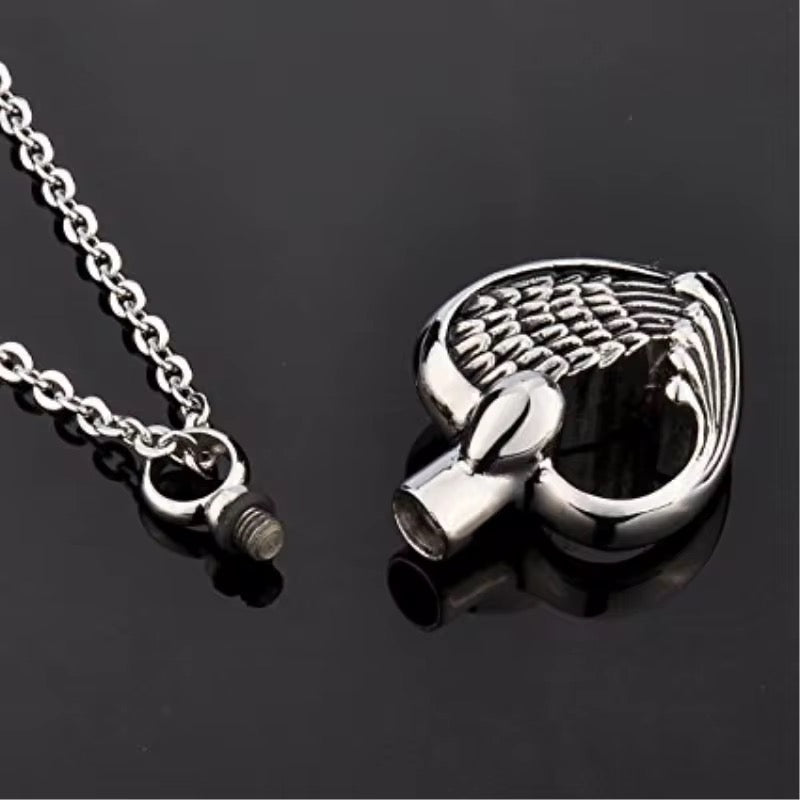 Ashes Keepsake Angel Wings Heart Urn Pendant, Stainless Steel Cremation Jewelry