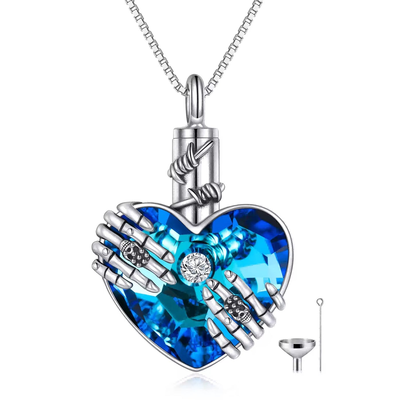 Ashes Keepsake 925 Silver Skeleton Arms Hug Heart Urn Necklace With Blue Zirconia / Cremation Jewelry