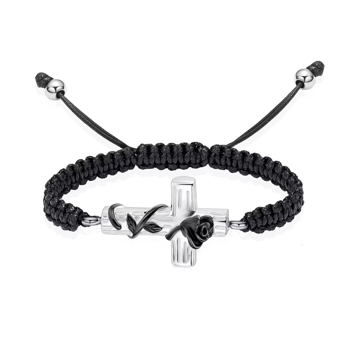 Ashes Keepsake Cross With Rose Urn Bracelet, Stainless Steel Adjustable Cremation Jewelry For Women