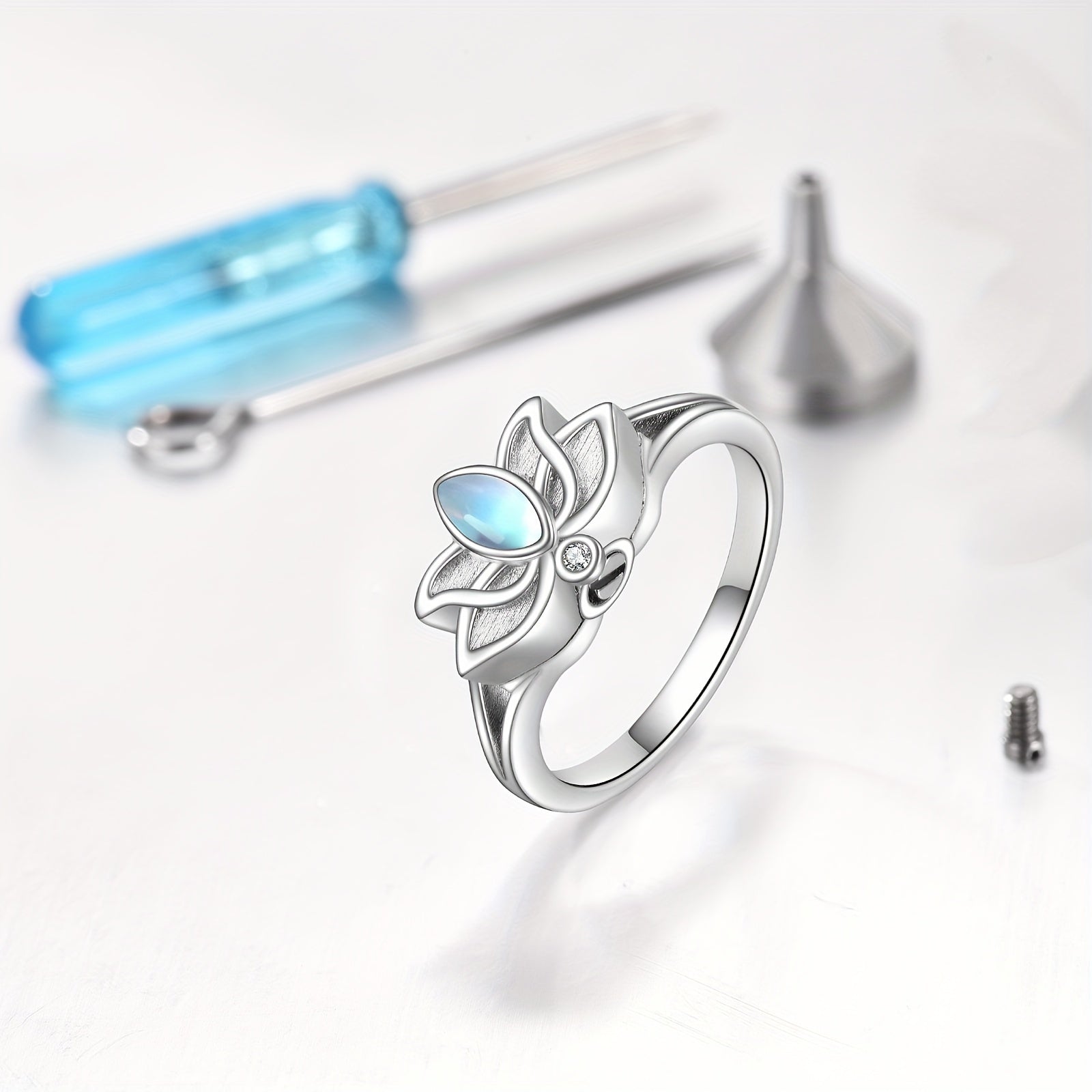 Ashes Keepsake 925 Sterling Silver Lotus Urn Ring For Ashes Moonstone Flower Cremation Jewelry For Women