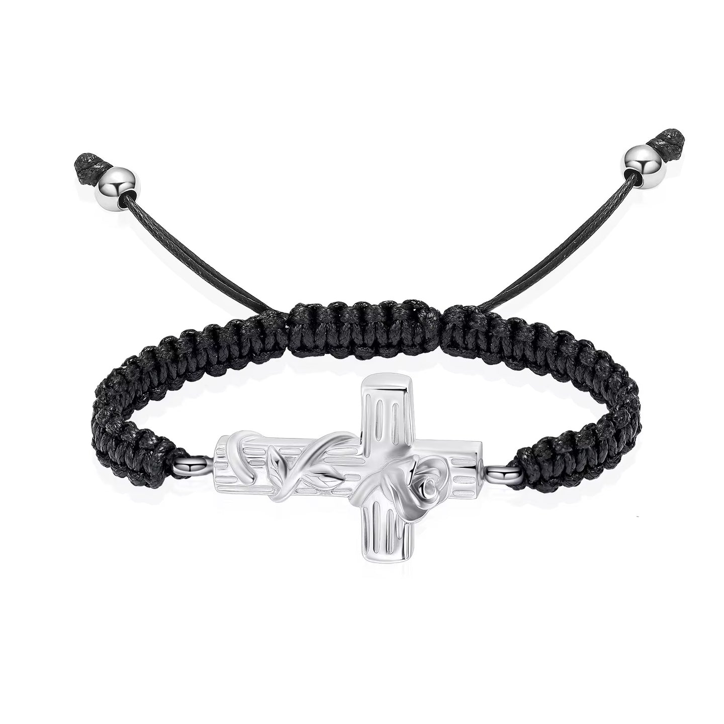 Ashes Keepsake Cross With Rose Urn Bracelet, Stainless Steel Adjustable Cremation Jewelry For Women