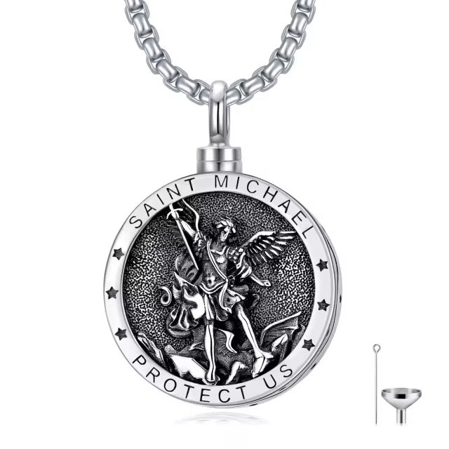 Ashes Keepsake 925 Sterling Silver Saint Michael Urn Necklace / Protect Us Cremation Jewelry