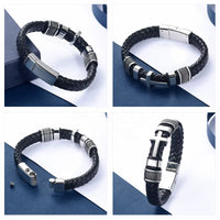 Ashes Keepsake Black Genuine Leather Men's Urn Bracelet / Stainless Steel Details