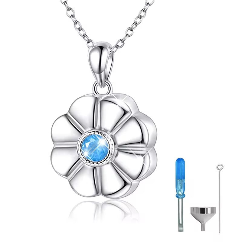 Ashes Keepsake Daisy Flower Blue Crystal Urn Necklace For Human Ashes, Cremation Jewelry