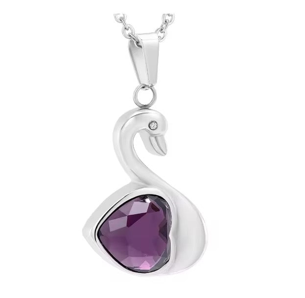 Ashes Keepsake Purple Heart Swan Urn Necklace For Remains, Swan Cremation Jewelry, Stainless Steel Remembrance Ash Pendant