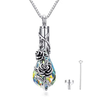 Ashes Keepsake 925 Silver Teardrop Rose Urn Necklace With Zirconia / Cremation Jewelry For Remembrance