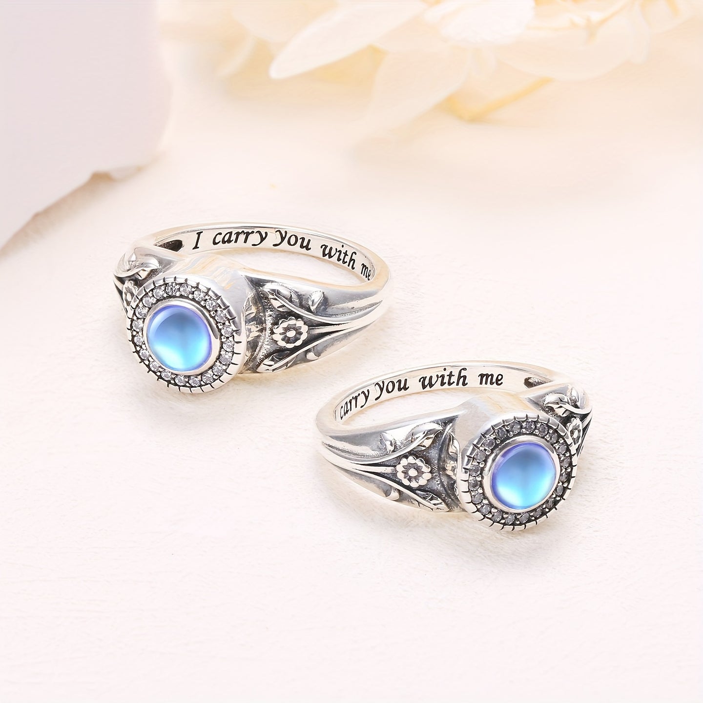 Ashes Keepsake 925 Sterling Silver Blue Opal Sunflower Urn Rings For Ashes / Women's Cremation Jewelry