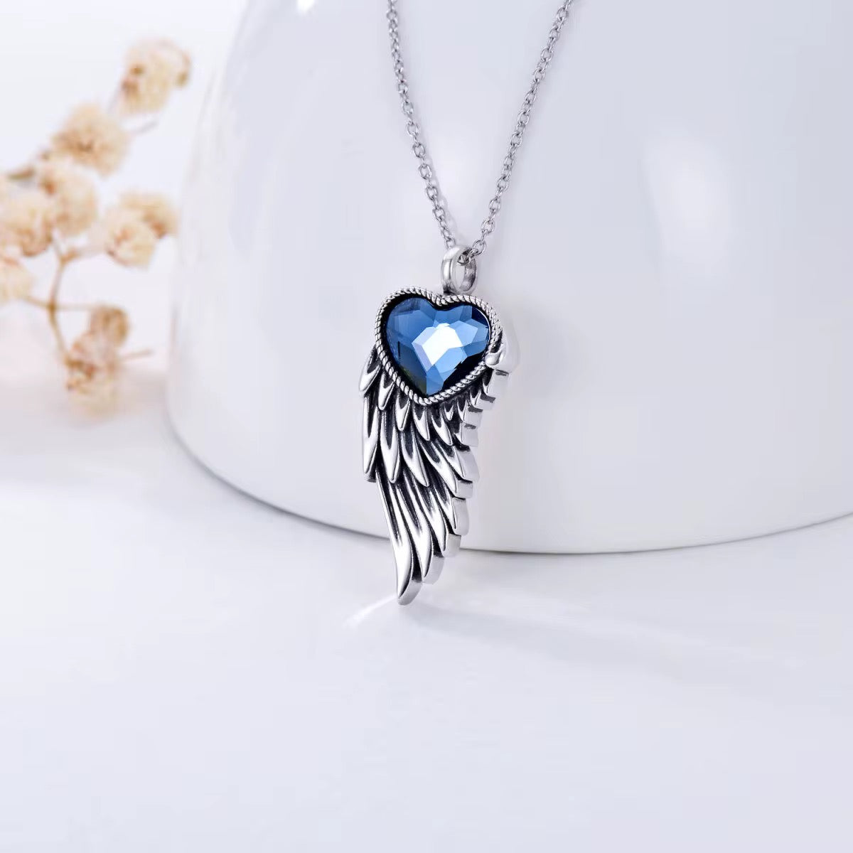 Ashes Keepsake 925 Sterling Silver Blue Heart And Wing Urn Necklace For Ashes / Memorial Jewelry