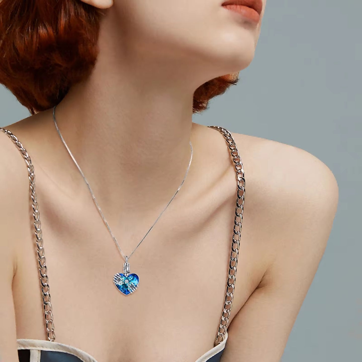 Ashes Keepsake 925 Silver Skeleton Arms Hug Heart Urn Necklace With Blue Zirconia / Cremation Jewelry