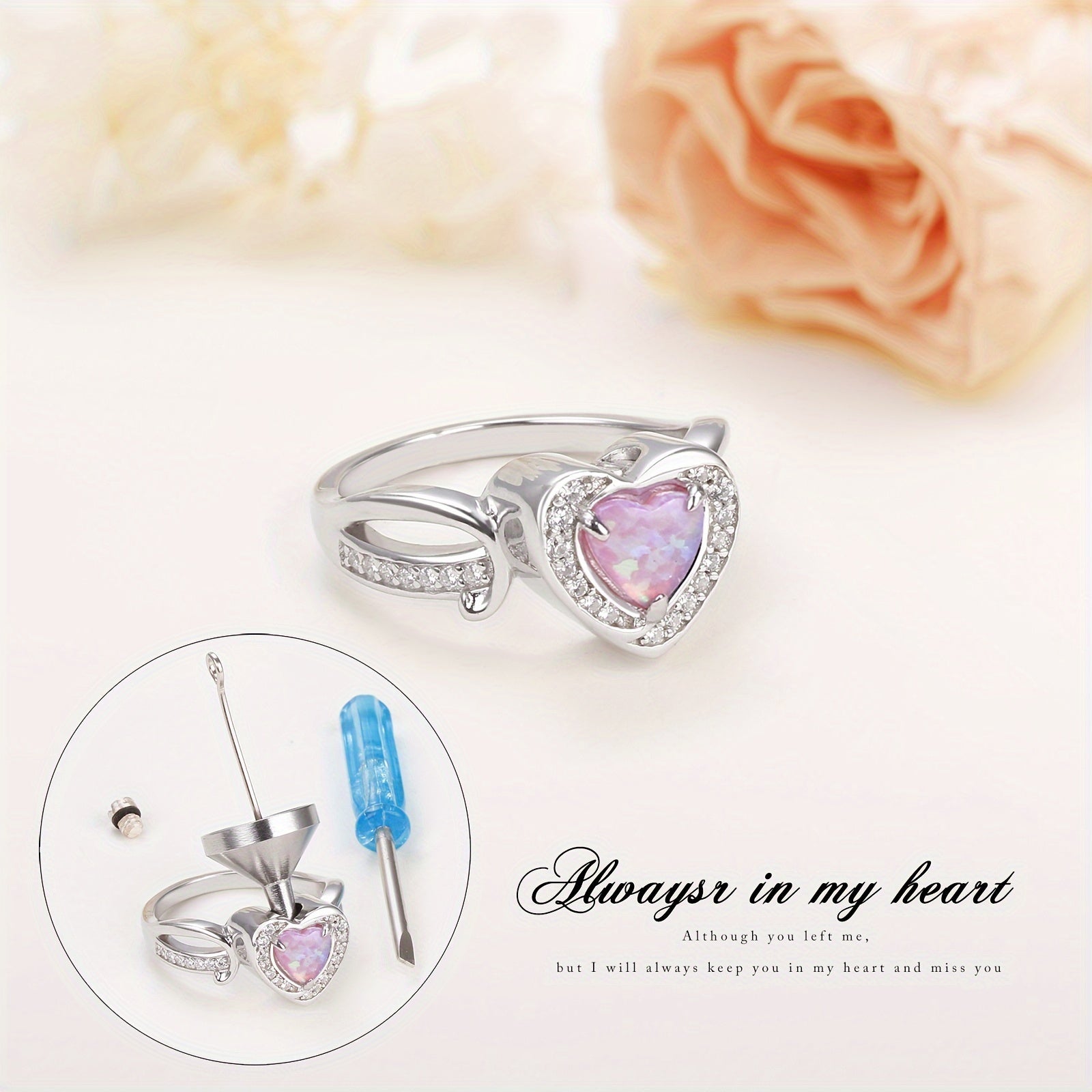 Ashes Keepsake Sterling Silver Opal Heart Urn Ring for Ashes
