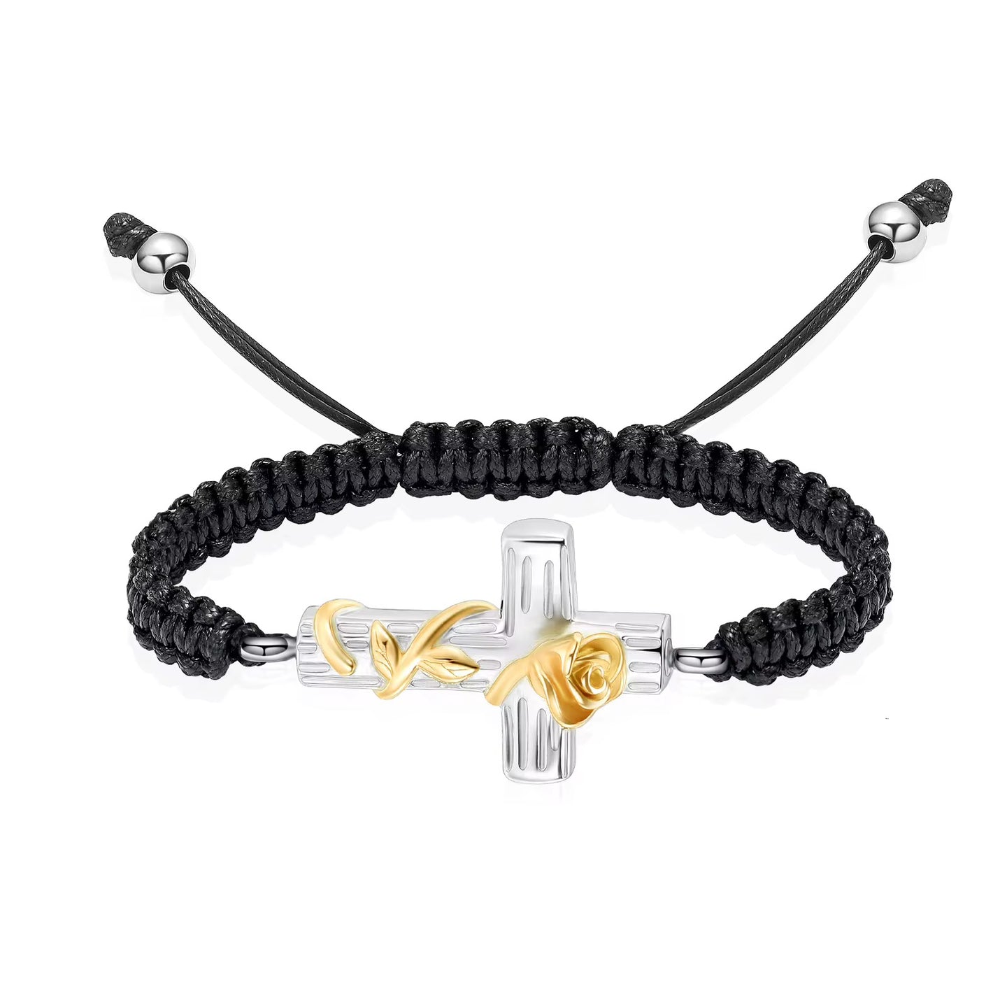 Ashes Keepsake Cross With Rose Urn Bracelet, Stainless Steel Adjustable Cremation Jewelry For Women