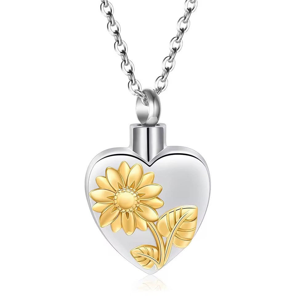 Ashes Keepsake Sunflower Heart Urn Pendant, Stainless Steel Yellow, Silver Flower Urn Necklace Cremation Jewelry