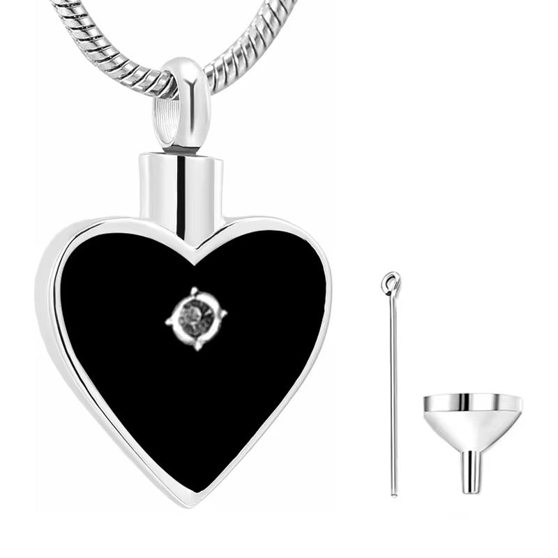 Ashes Keepsake Black Heart Cremation Necklace, Zirconia Stainless Steel Memorial Jewelry