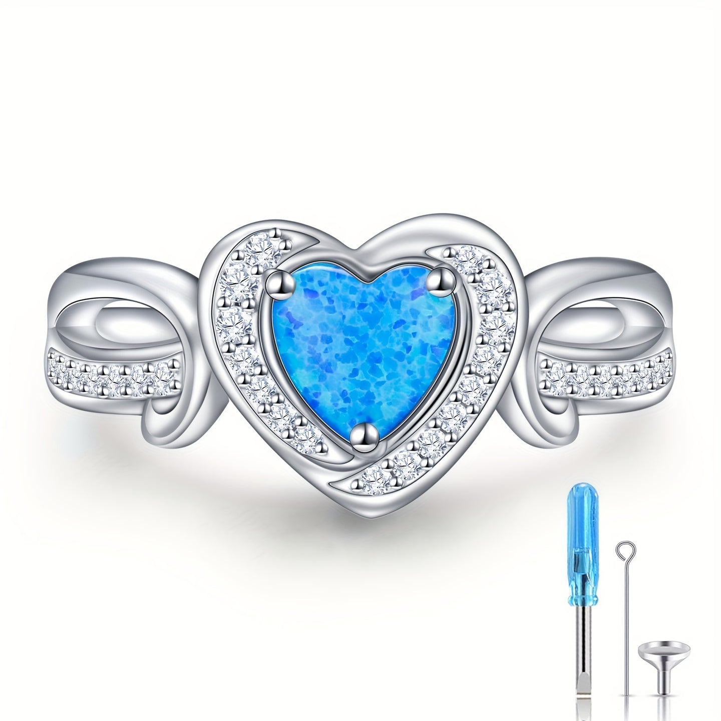 Ashes Keepsake Sterling Silver Opal Heart Urn Ring for Ashes