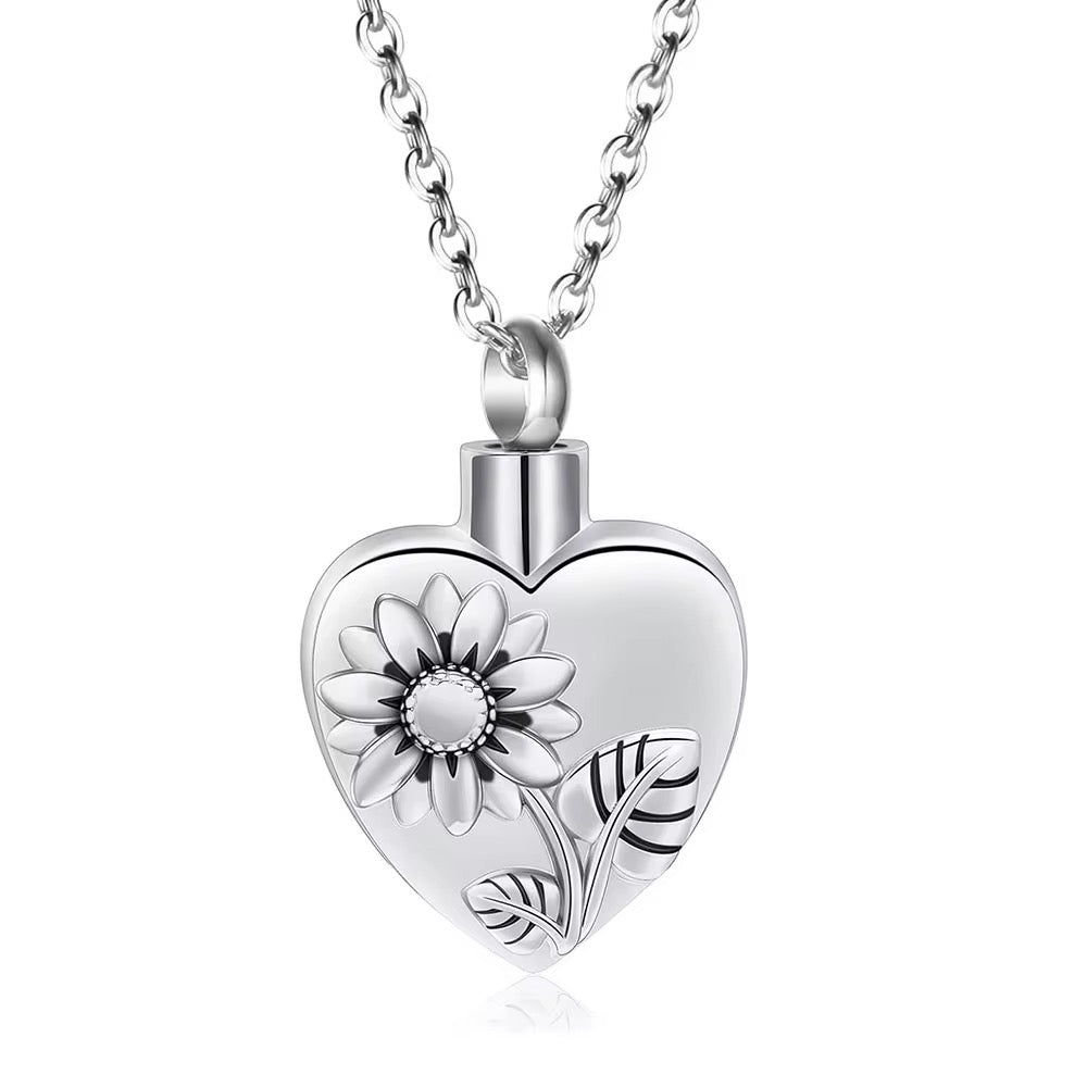 Ashes Keepsake Sunflower Heart Urn Pendant, Stainless Steel Yellow, Silver Flower Urn Necklace Cremation Jewelry