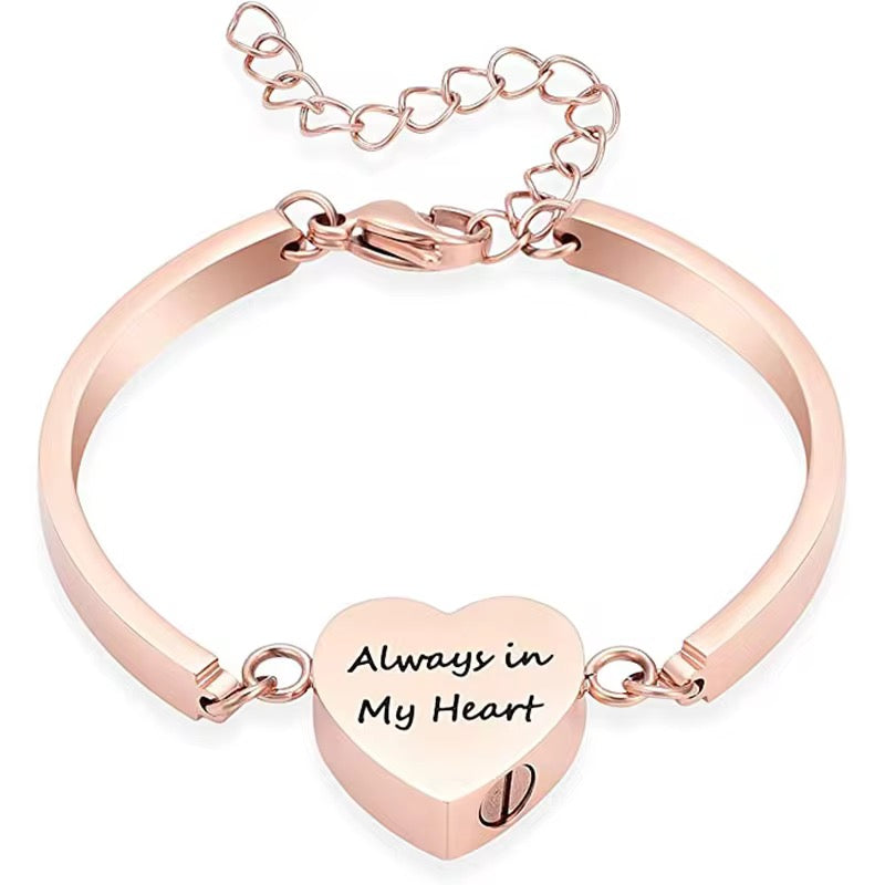 Ashes Keepsake Always in My Heart Urn Bracelet, Rose Gold Stainless Steel Modern Stylish Memorial Jewelry