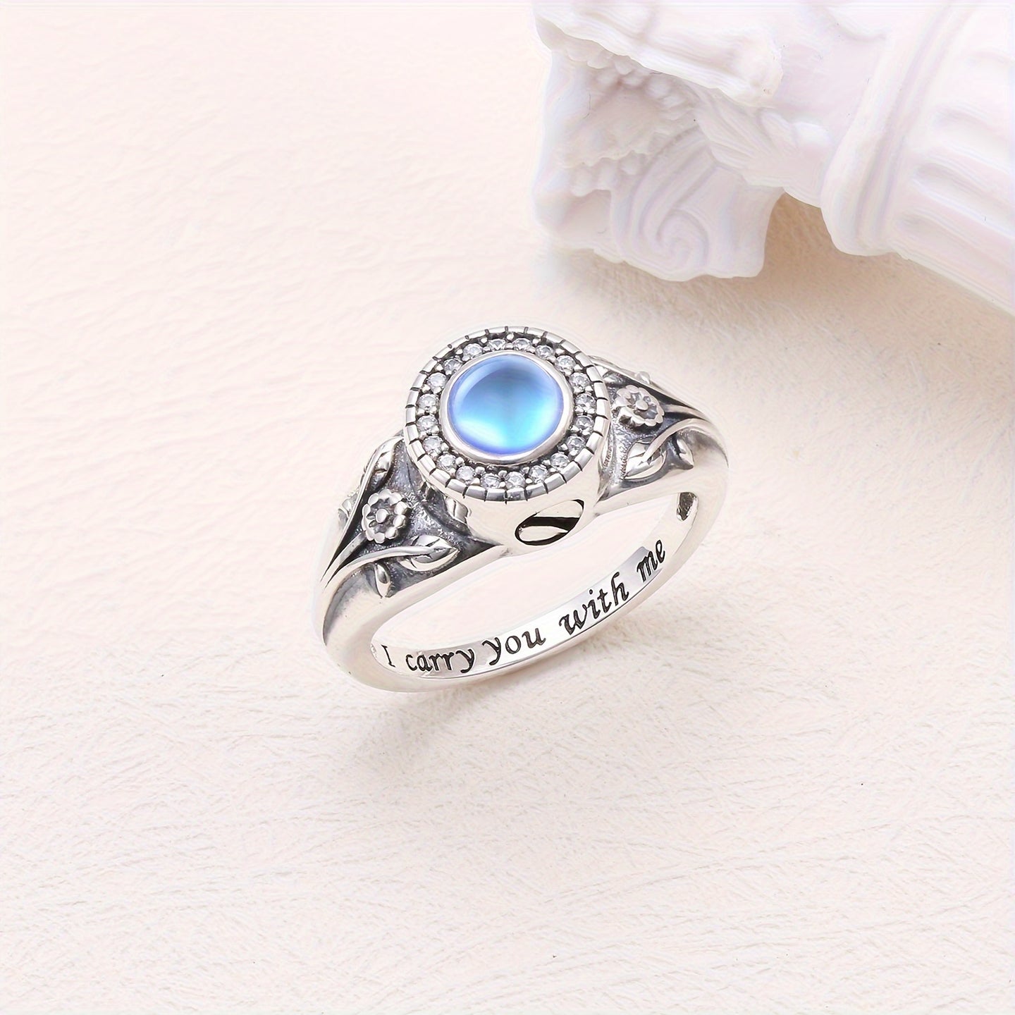 Ashes Keepsake 925 Sterling Silver Blue Opal Sunflower Urn Rings For Ashes / Women's Cremation Jewelry