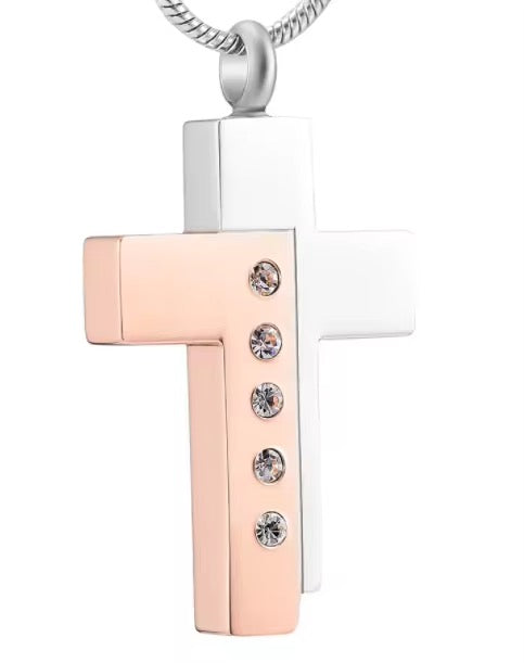 Ashes Keepsake Cross Urn Pendant With Sparkling Zirconia Crystals, Stainless Steel Cross Cremation Jewelry