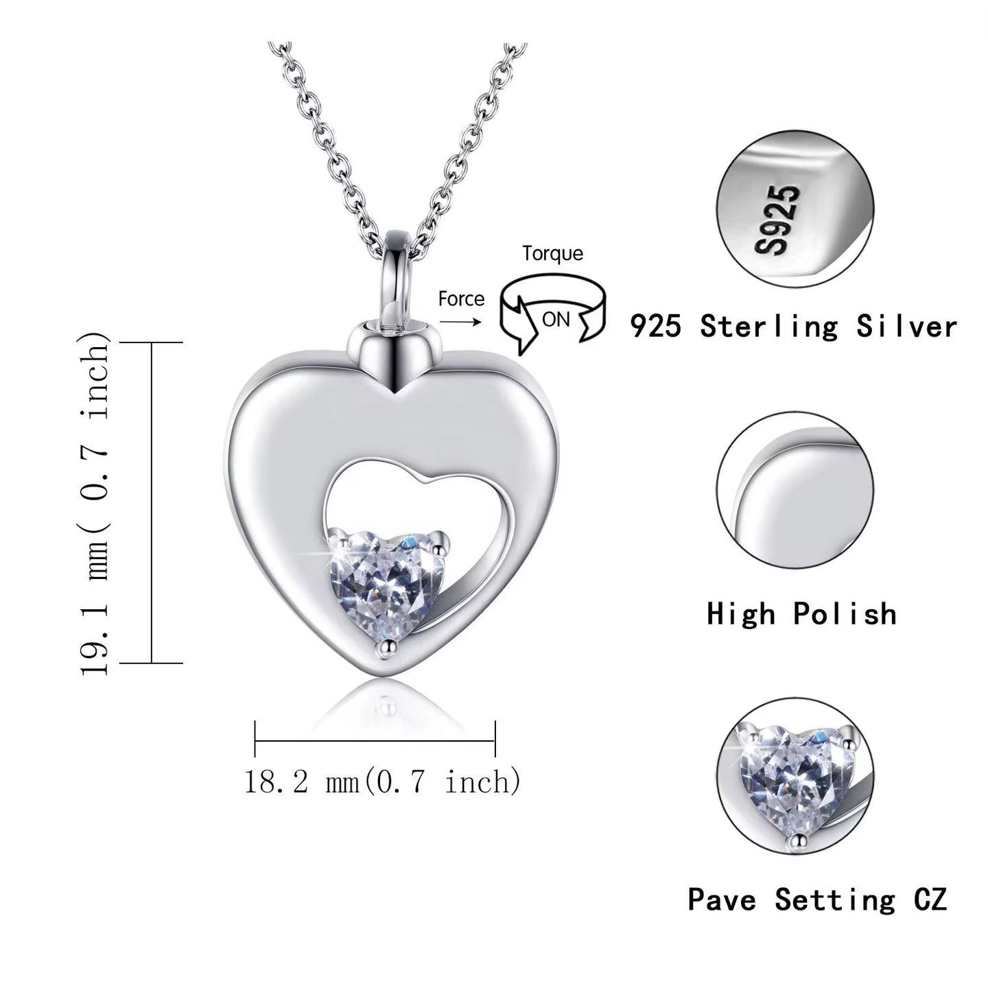 Ashes Keepsake Cz Crystal Heart 925 Sterling Silver Urn Necklace Cremation Jewelry