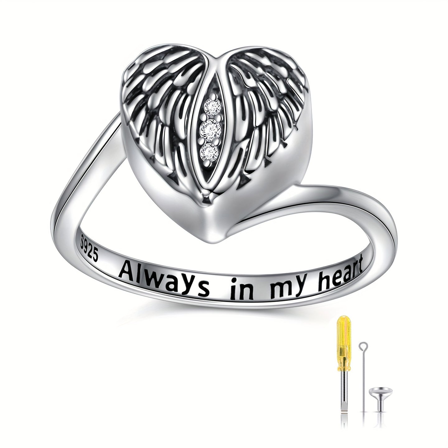 Ashes Keepsake 925 Sterling Silver Angel Wings Urn Heart Ring For Cremains