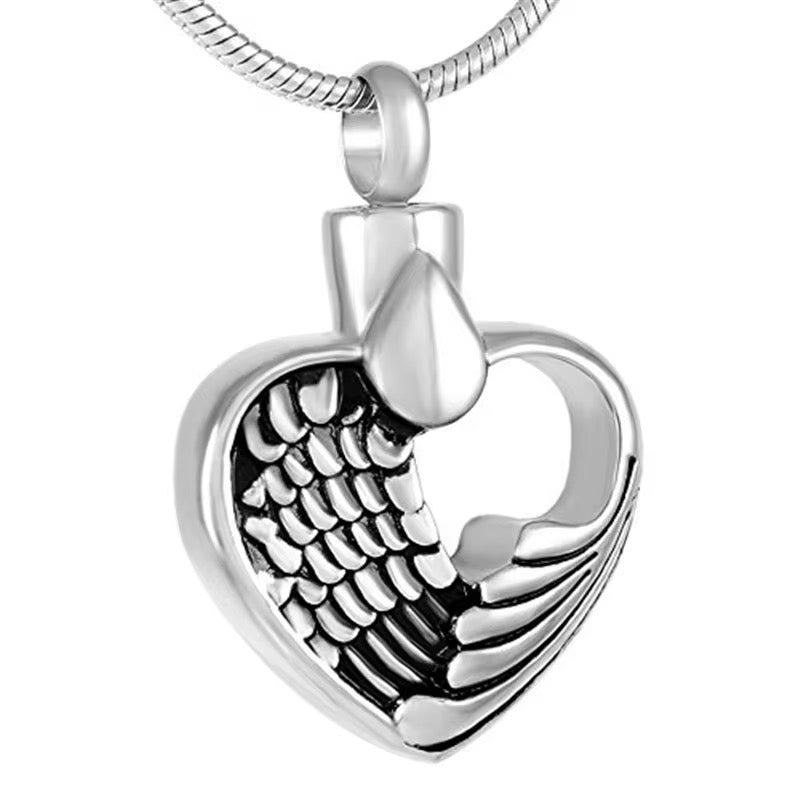 Ashes Keepsake Angel Wings Heart Urn Pendant, Stainless Steel Cremation Jewelry
