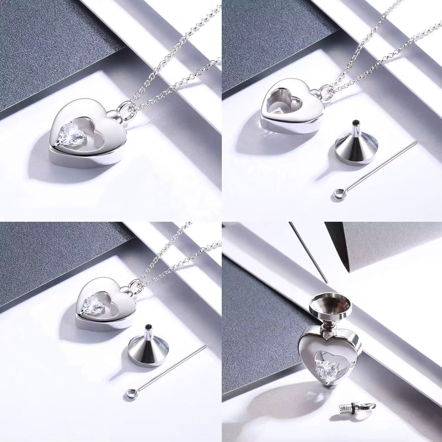Ashes Keepsake Cz Crystal Heart 925 Sterling Silver Urn Necklace Cremation Jewelry